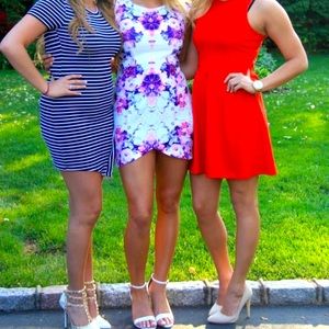 White dress with purple and pink design